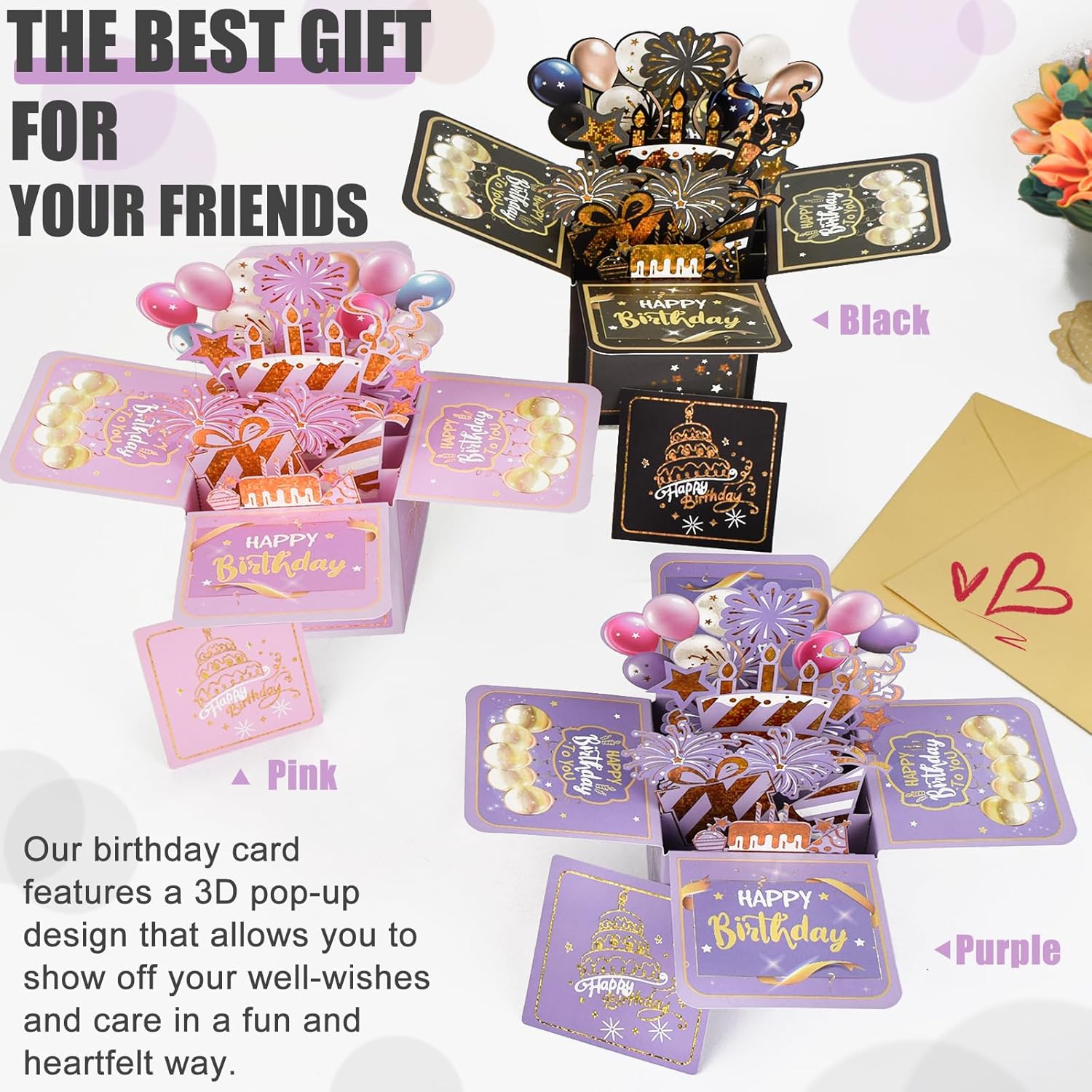 Surprise Pop Up Birthday Cards - Unique 3D Handmade Greeting Card for Adults & Kids | Purple Design