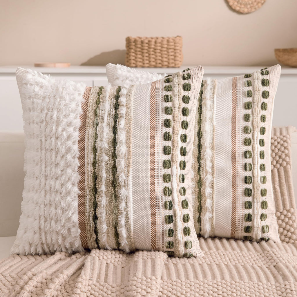 KOOLIFE Boho Chenille Tufted Couch Throw Pillow Covers 18x18 Inch Set of 2 Farmhouse Striped Decorative Pillow Covers Accent Neutral Square Pillowcase Green Cushion Covers for Livingroom Sofa Bed