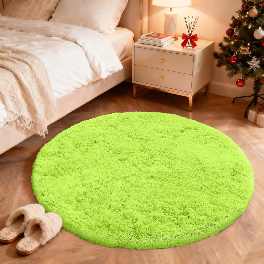 OLANLY Round Lime Green Area Rug - Soft, Fluffy, Machine Washable 4 ft Circle Carpet for Bedrooms & Nurseries