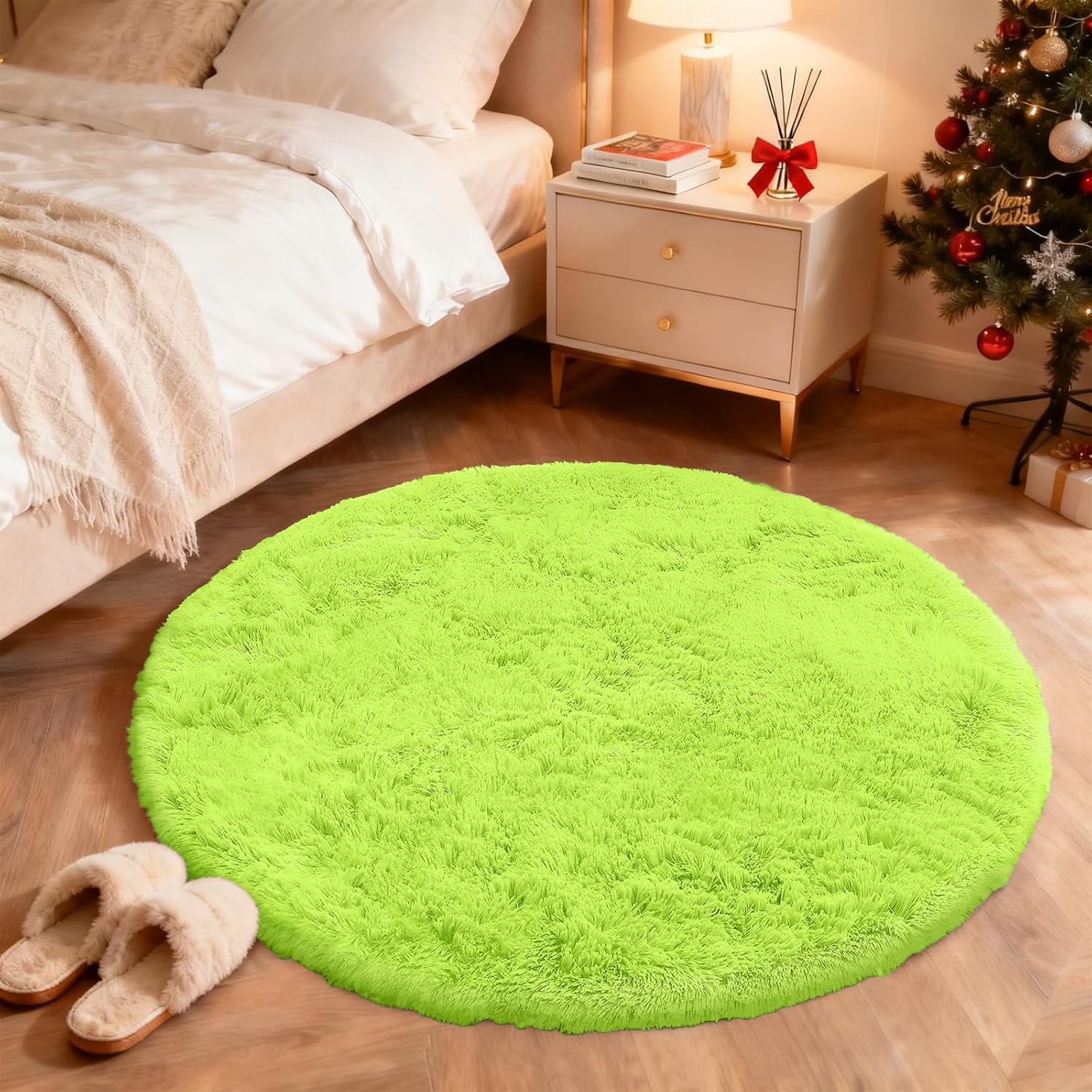 OLANLY Round Lime Green Area Rug - Soft, Fluffy, Machine Washable 4 ft Circle Carpet for Bedrooms & Nurseries