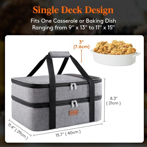 Lifewit Insulated Casserole Carrier - Double Decker Design for Hot or Cold Food | Fits 9"x13" Dish, Grey