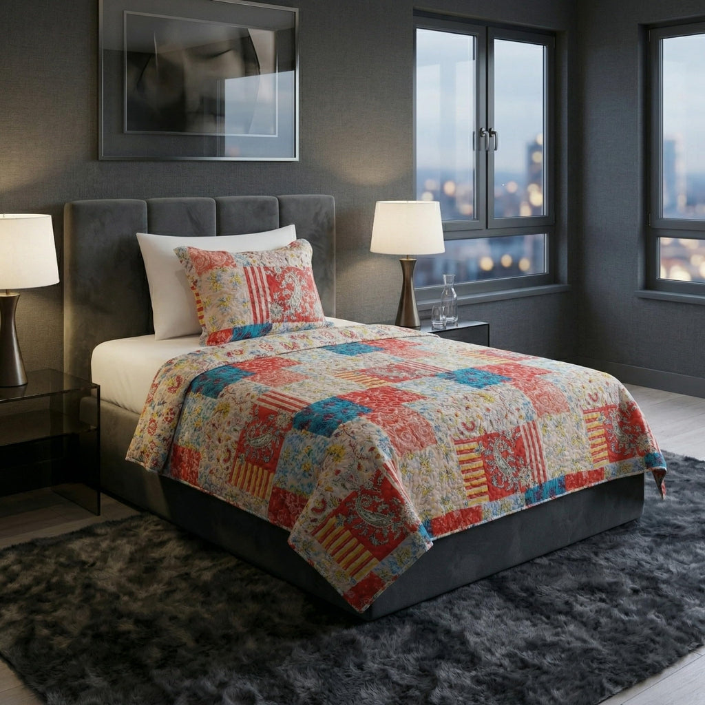 Lavish Home 2-Piece Quilt Set - Mallory Classic Patchwork Twin Quilt with Pillow Sham - Machine Washable Lightweight Bedding (Multicolor)