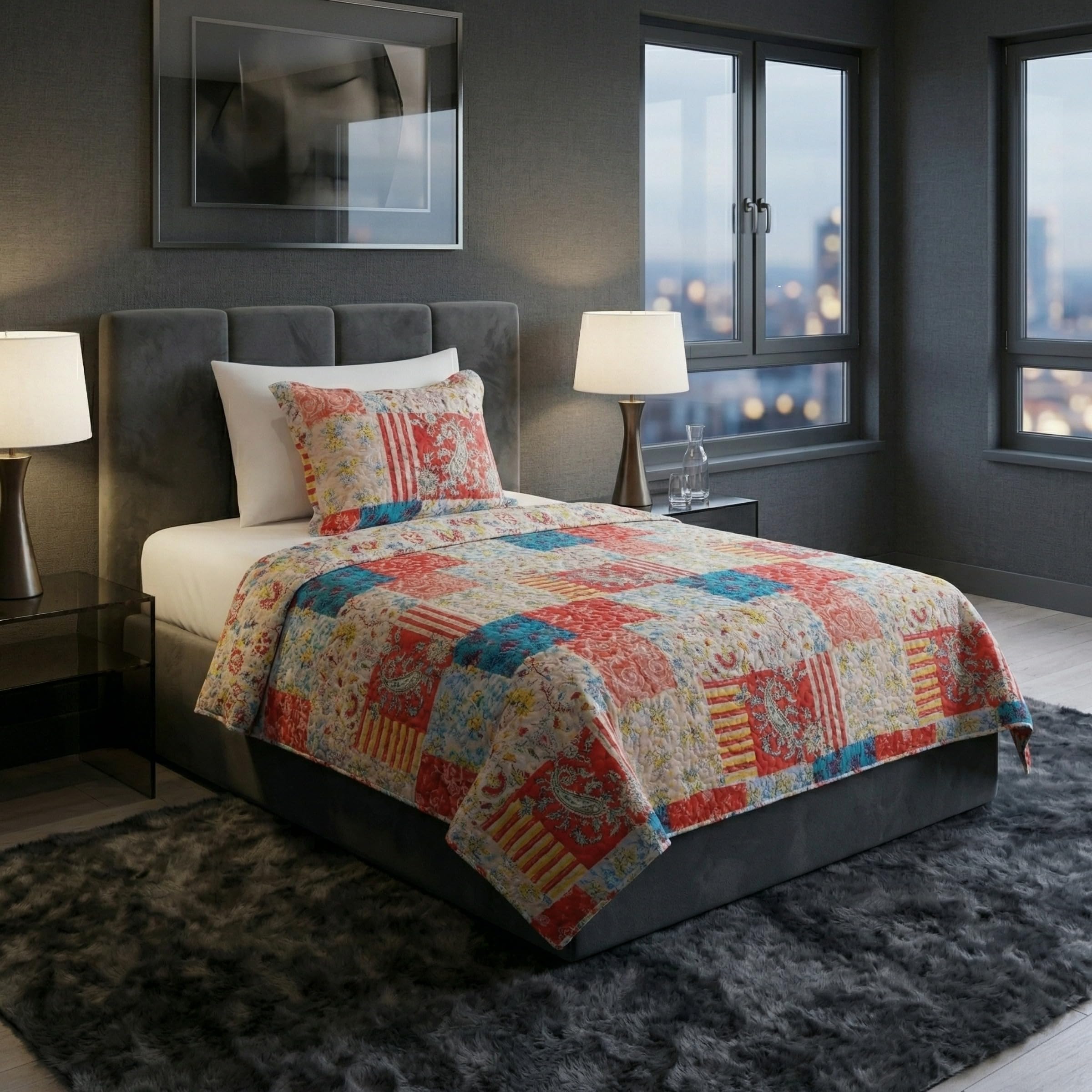 Lavish Home 2-Piece Quilt Set - Mallory Classic Patchwork Twin Quilt with Pillow Sham - Machine Washable Lightweight Bedding (Multicolor)