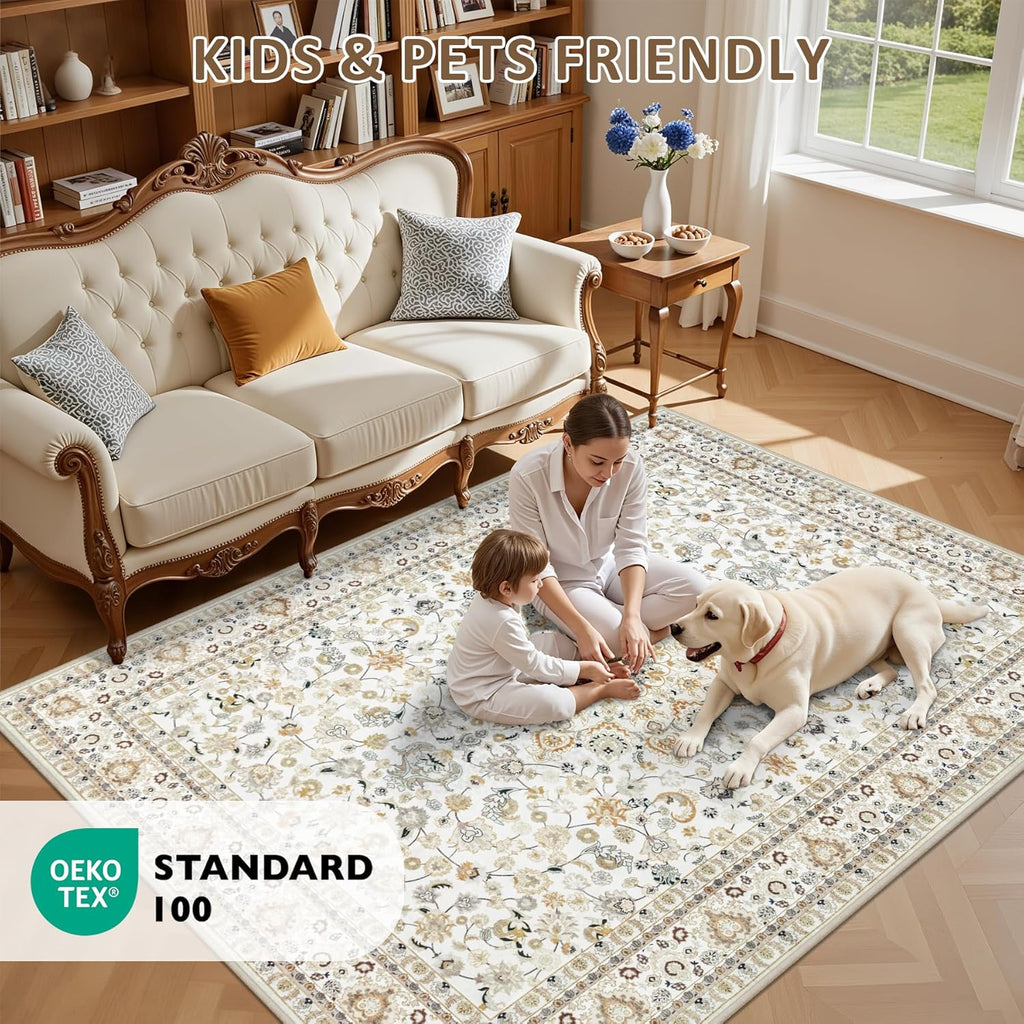 Skiennix 5x7 Area Rug - Washable Vintage Boho Design | Soft, Stain-Resistant Carpet for Living Room, Bedroom, and Office - Beige