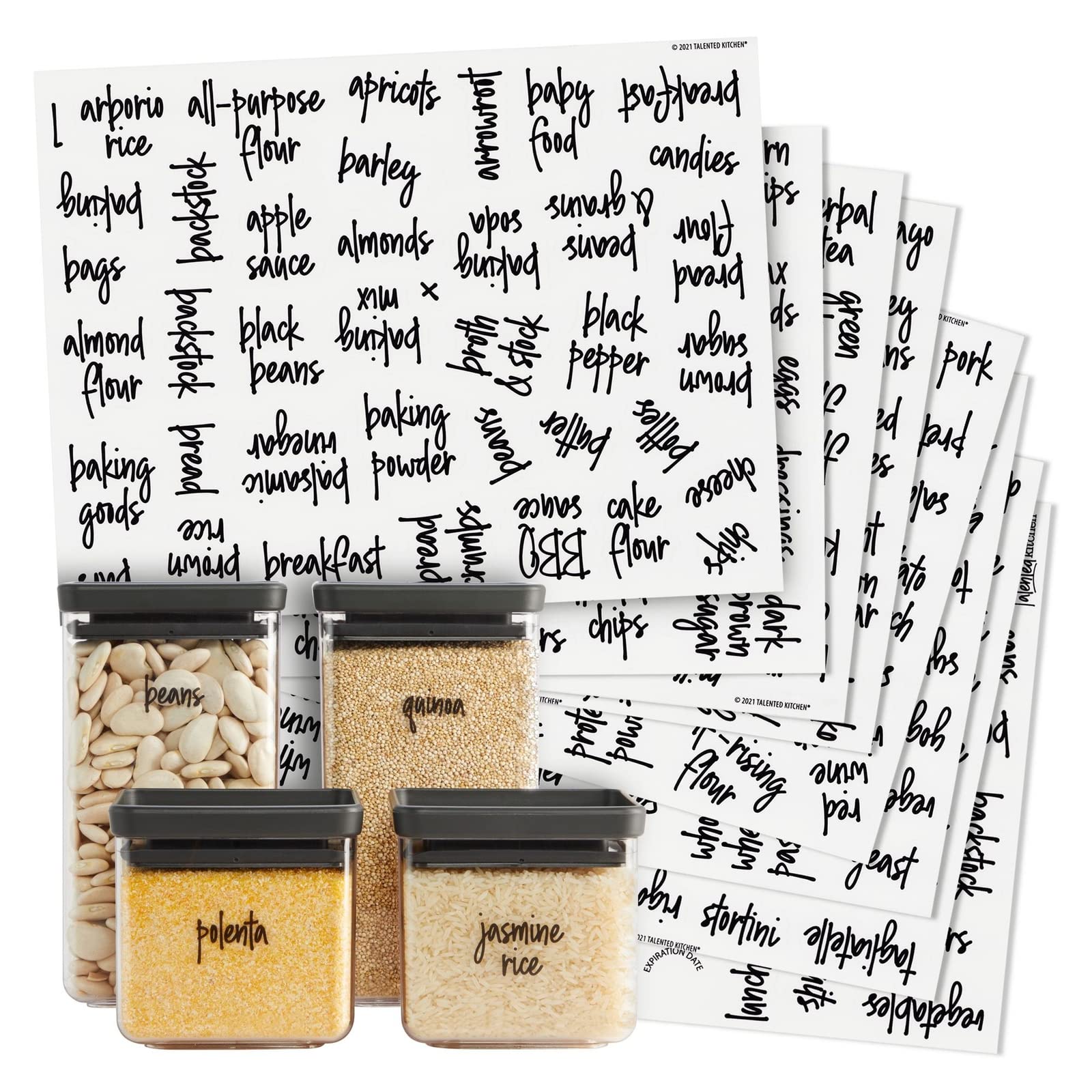 Talented Kitchen Pantry Labels for Containers - 375 PC Clear Vinyl Black Script - Peel & Stick Food Container Labels & Kitchen Pantry Organization Stickers