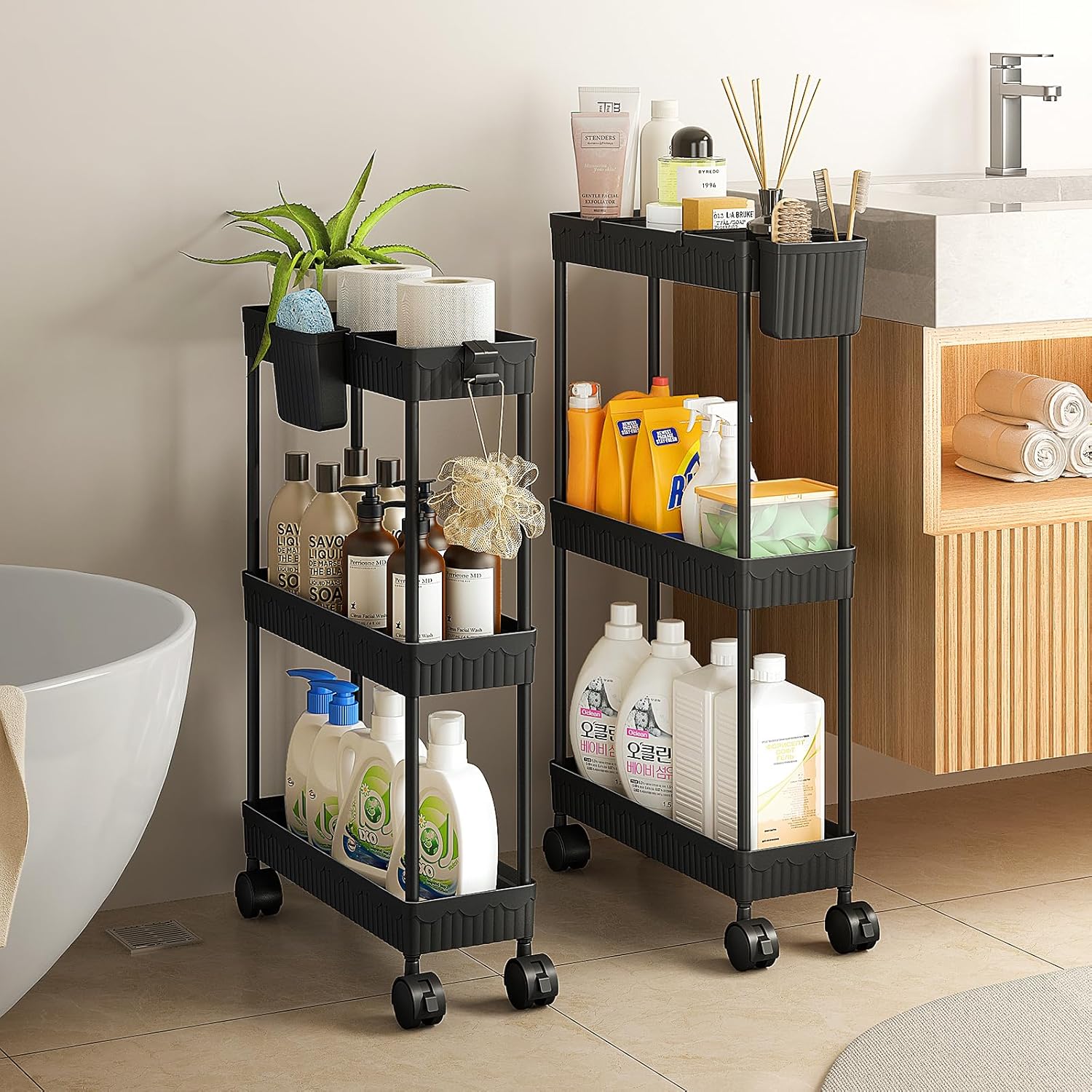 Sevenblue Slim Storage Rolling Cart - 3 Tier Utility Organizer with Wheels for Kitchen & Bathroom (Black)