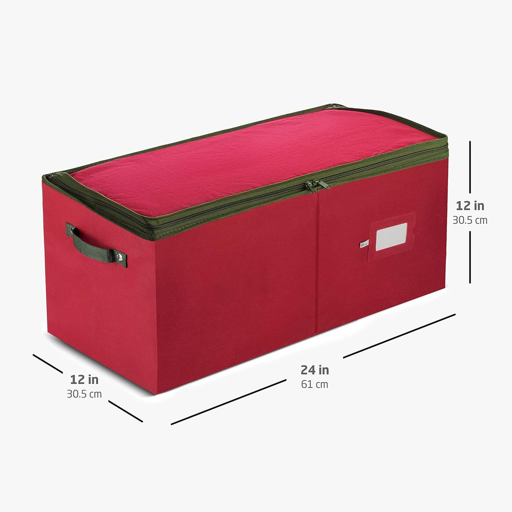 ZOBER Large Christmas Ornament Storage Box - Organize 54 4" Ornaments with Dividers - Durable Red Container