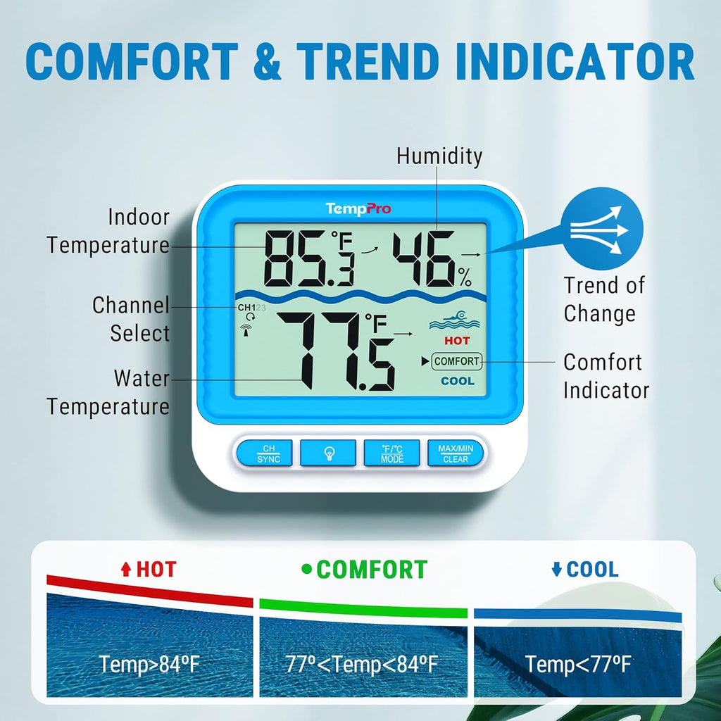 TempPro Waterproof Wireless Pool Thermometer - Easy Read Digital Floating Monitor for Pools, Hot Tubs & Ponds