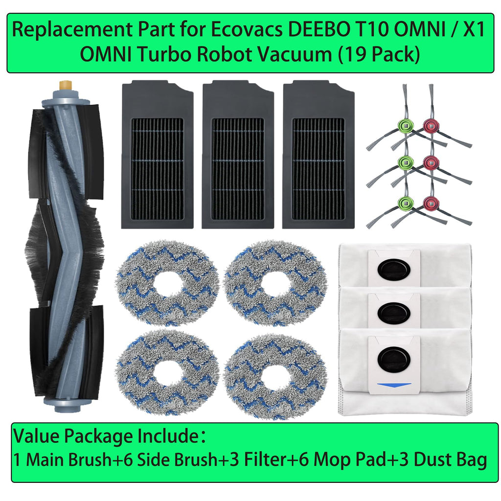 Replacement Spare Parts for Ecovacs DEEBOT X1 OMNI / X1 Turbo / T10 OMNI Robot Vacuum 1 Main Brush 3 Pair Side Brush 4 Mop Pad 3 Filter 4 Dust Bag Activated Carbon Upgraded Accessories