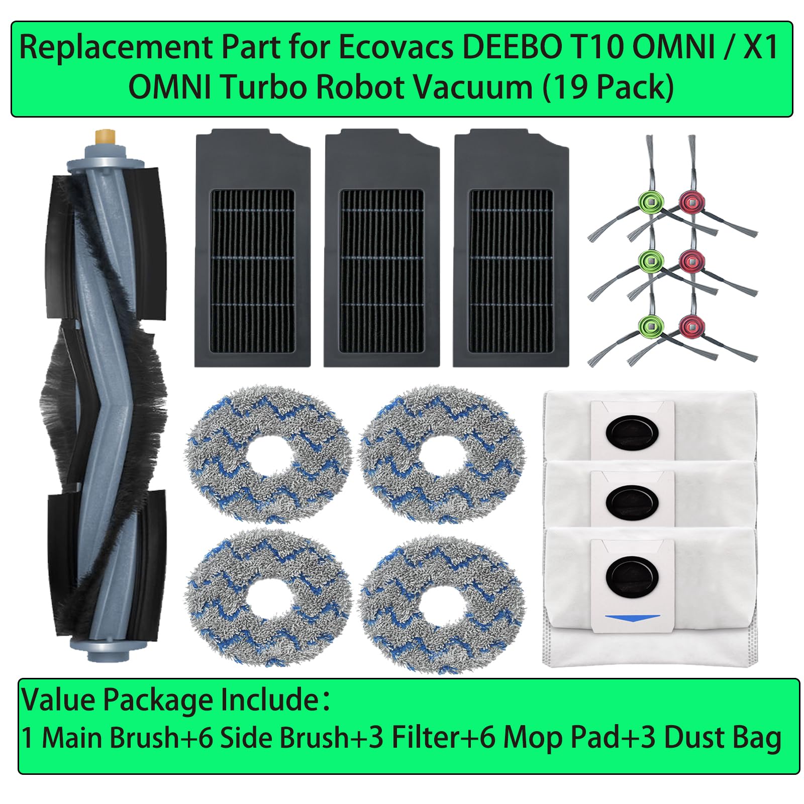 Replacement Spare Parts for Ecovacs DEEBOT X1 OMNI / X1 Turbo / T10 OMNI Robot Vacuum 1 Main Brush 3 Pair Side Brush 4 Mop Pad 3 Filter 4 Dust Bag Activated Carbon Upgraded Accessories