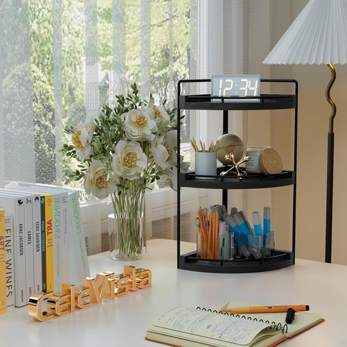 Corner Bathroom Organizer - 3 Tier Wood Vanity Shelf for Skincare & Toiletries | Black