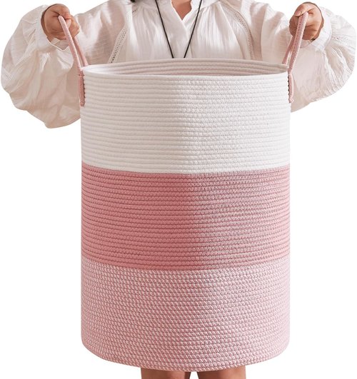 CLHMILY&Z 80L Round Laundry Basket - Pink Storage Hamper for Blankets, Toys & Nursery Essentials | 16.5x22.5 Inches