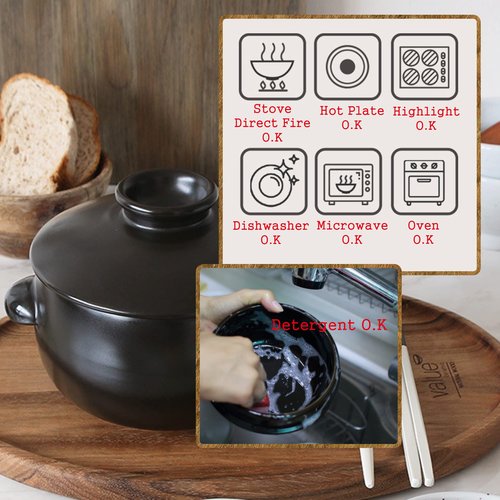 BALWOO Korean Earthenware Pot Ttukbaegi, Ceramic Clay Cooking Pot Petalite Casserole, Heat Resistant Ceramic Pot, Zero-Crack Stone Bowl Stockpot Soup Cookware (Medium)