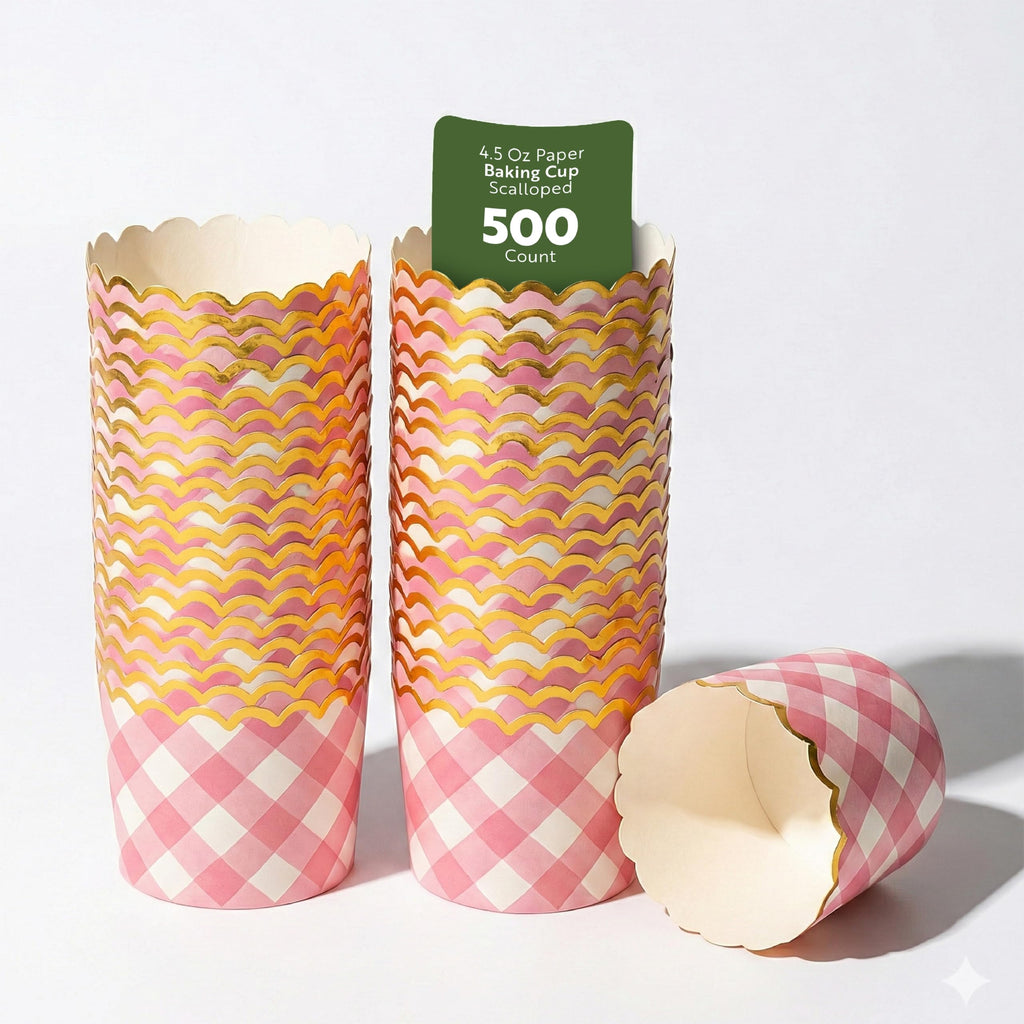 Restaurantware Panificio 4.5 Ounce Baking Cups 500 Disposable Paper Baking Cups - Greaseproof Oven-Ready Pink Paper Muffin Liners Microwavable Gold Rimmed Design