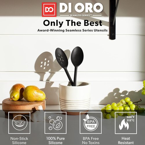 DI ORO Silicone Cooking Spoons - Heat-Resistant Utensils for Mixing & Serving - 600°F, Dishwasher Safe (2pc, Black)