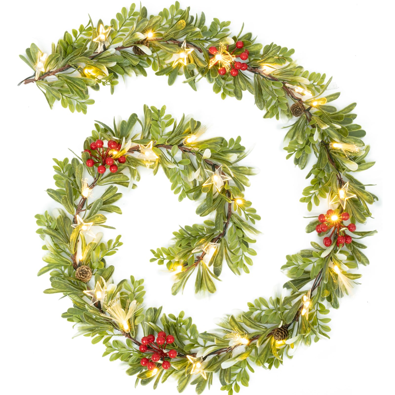 6.5FT Christmas Garland with Lights & Timer, 30 LED Pre-lit Greenery Olive Garland with Red Berry Pinecone, Battery Operated Lighted Garland for Fireplace Mantle Door Stairs Table Christmas Decoration