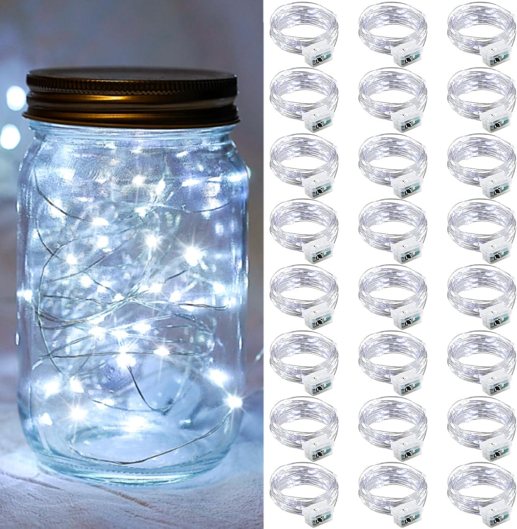 Skiennix 24 Pack Fairy Lights - 7Ft 20 LED Twinkle String Lights | Battery Operated & Waterproof for Weddings, Parties & Home Decor - Cold White