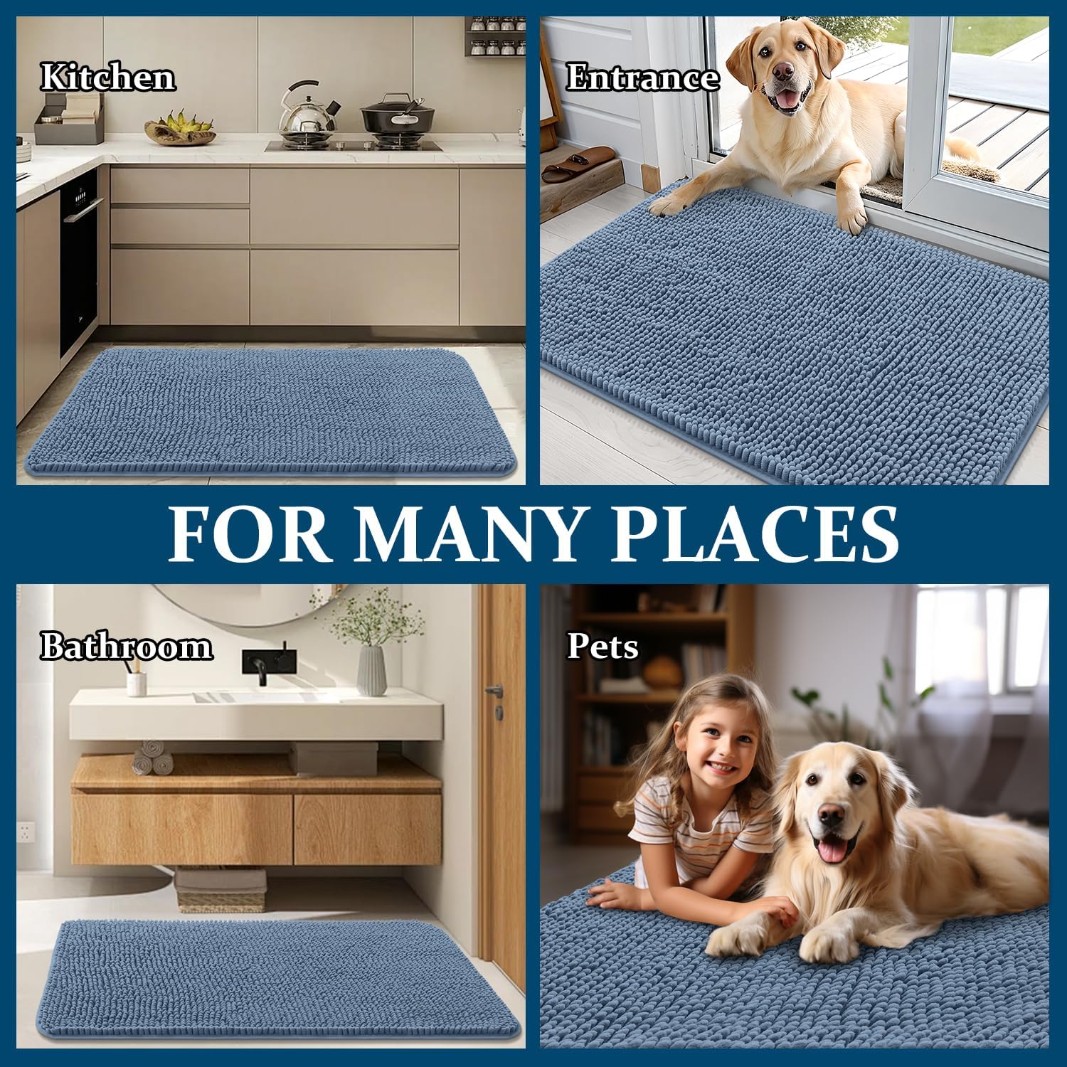 OLANLY Dog Door Mat - Absorbent Non-Slip Chenille Mat for Muddy Paws | 30x17, Quick Dry, Airy Blue