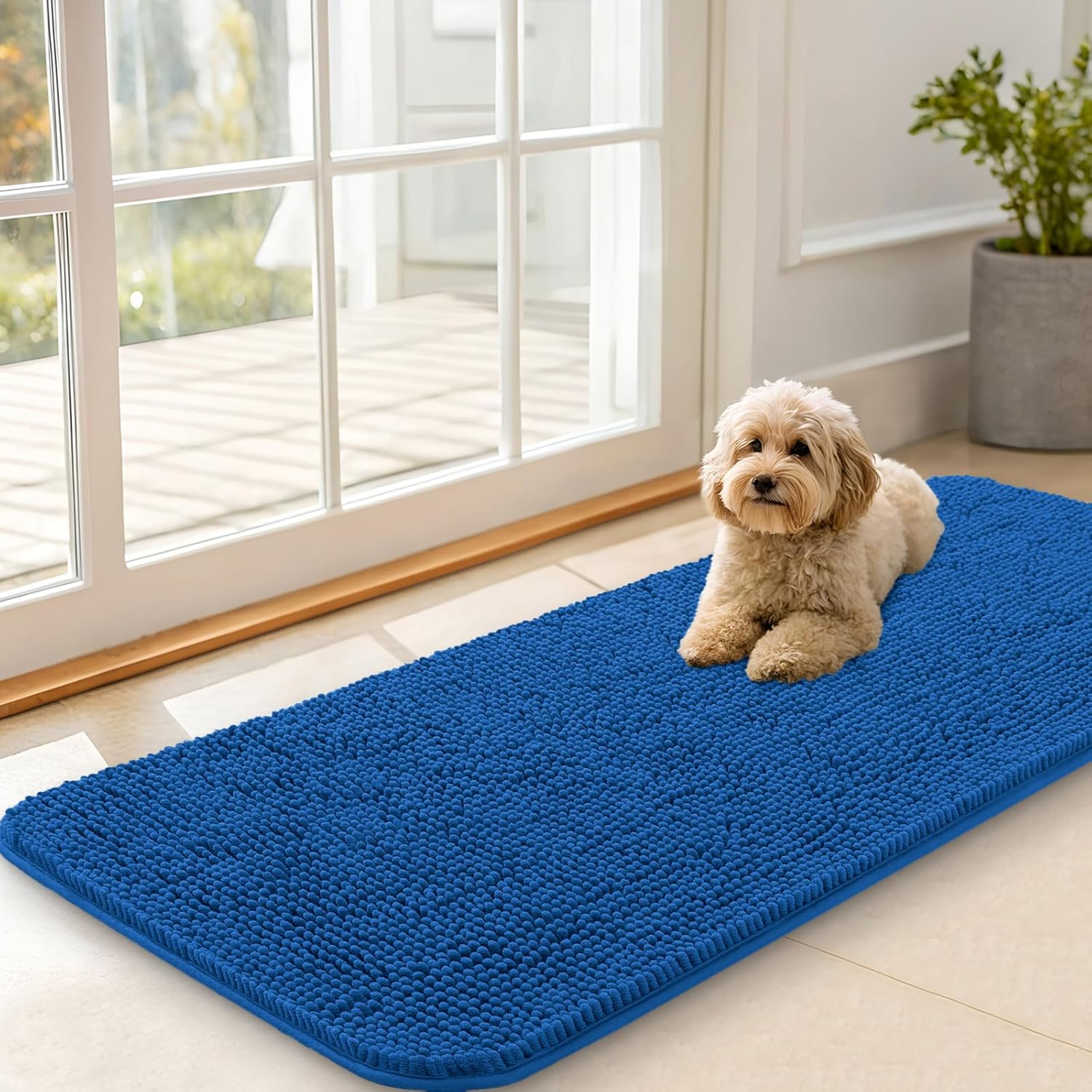 OLANLY Dog Door Mat - Absorbent Non-Slip Washable Doormat for Muddy Paws | 47x20 Deep Navy Blue