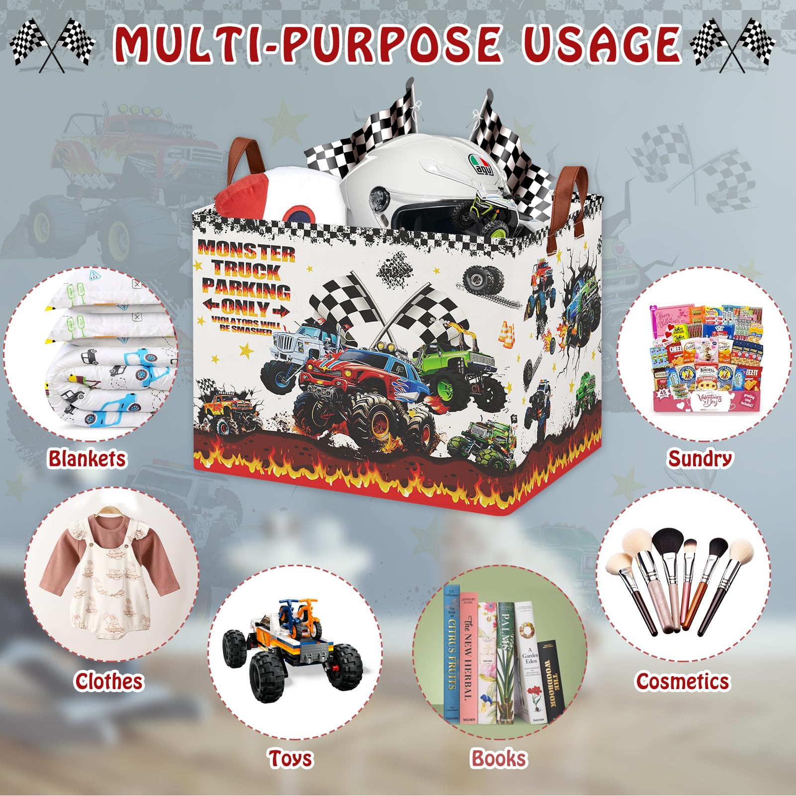 XHWZOF Monster Trucks Storage Basket with Monster Truck Parking Sign,Car Room Decor for Boys ,Kids Laundry Basket Gift Bag Storage Organizer(Monster Trucks-Flag)