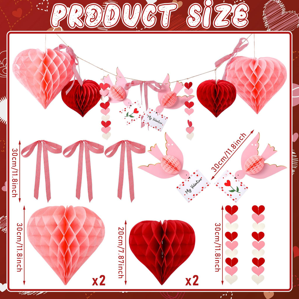 Harloon Valentines Day Garland Pink Heart Honeycomb Ball 3D Lovebird Garland Decor with Red Check Bow Romantic Pom Poms Hanging Banner for Galentines Party Wedding Engagement Birthday Home Wall Decor