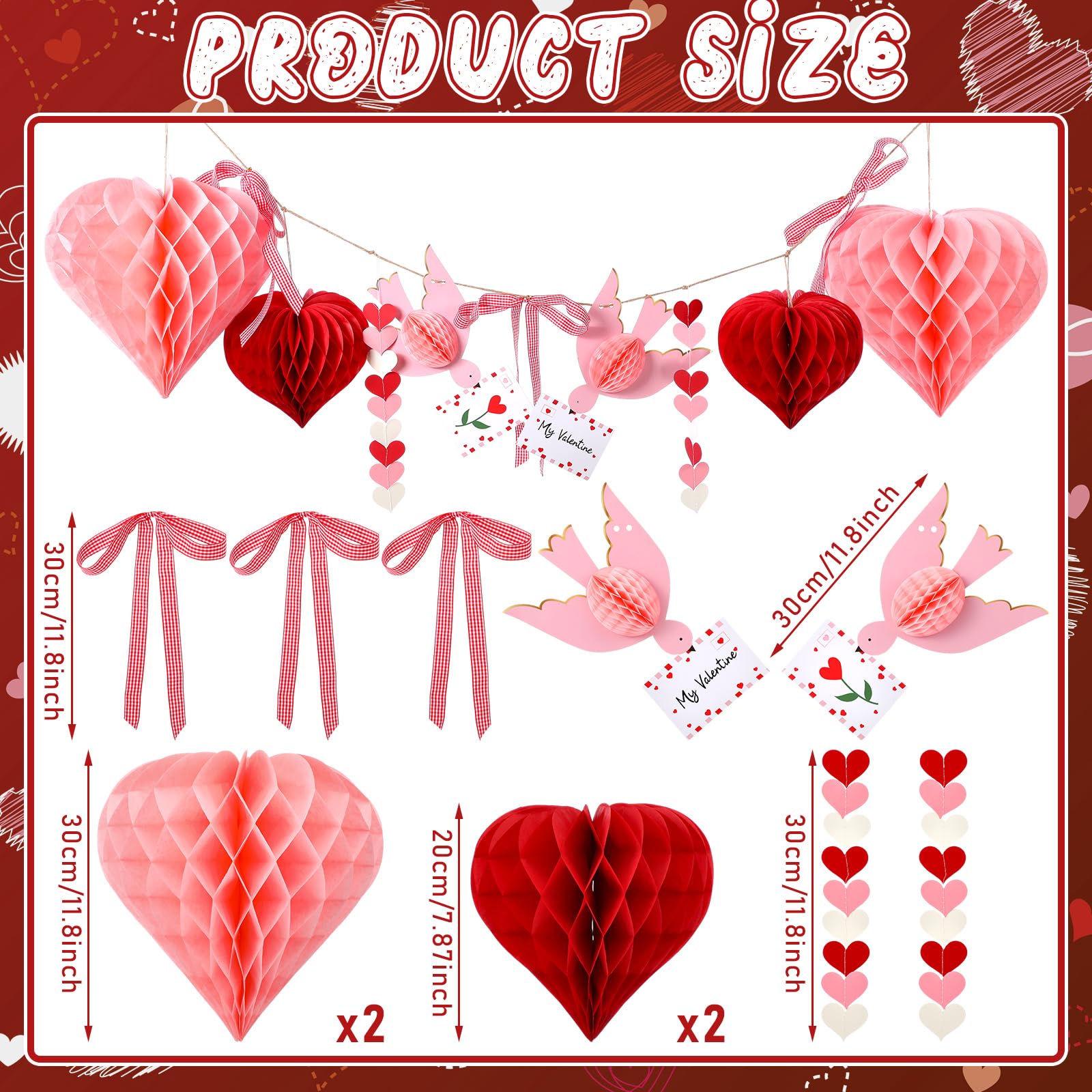 Harloon Valentines Day Garland Pink Heart Honeycomb Ball 3D Lovebird Garland Decor with Red Check Bow Romantic Pom Poms Hanging Banner for Galentines Party Wedding Engagement Birthday Home Wall Decor