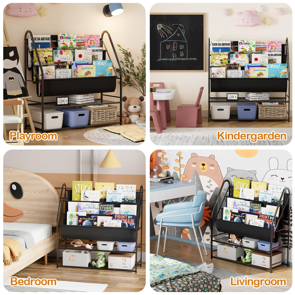 aboxoo Kids Bookshelf Freestanding Bookcase for Living Room, 32 in Book Shelves with 4 Deep Pockets Book Organizer Large Stable Book Unit Storage for Bookstore Library Living Room,Black