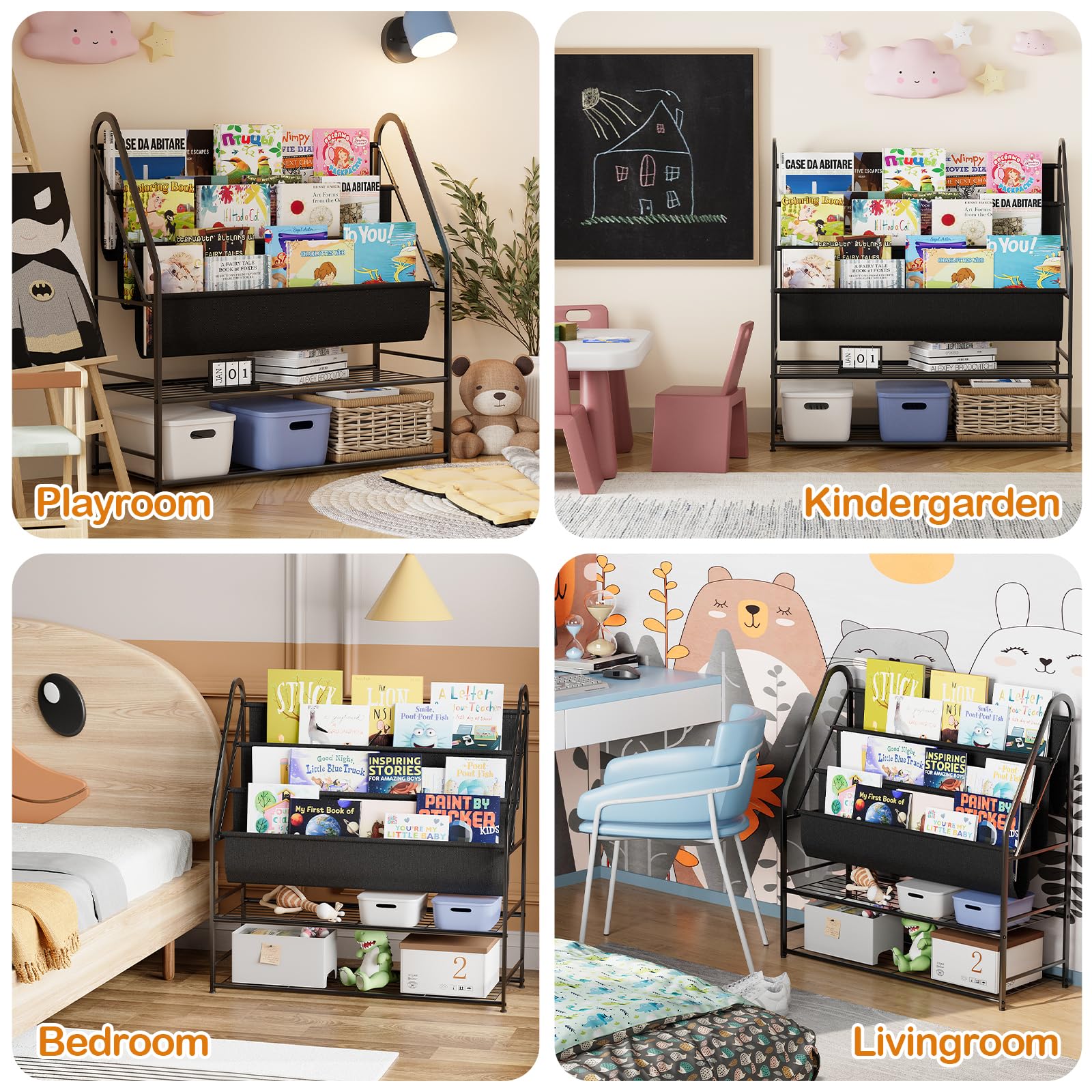 aboxoo Kids Bookshelf Freestanding Bookcase for Living Room, 32 in Book Shelves with 4 Deep Pockets Book Organizer Large Stable Book Unit Storage for Bookstore Library Living Room,Black
