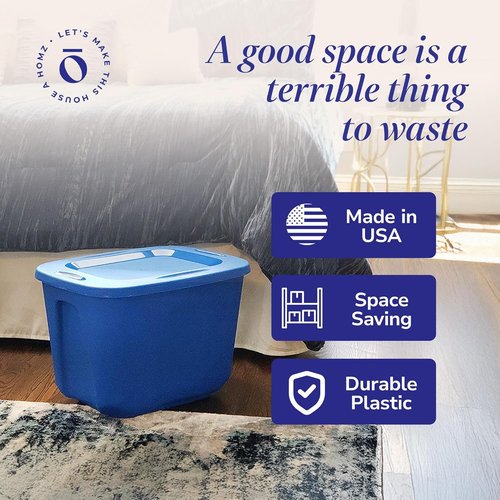 HOMZ 10 Gallon Durable Molded Storage Bins - Stackable Plastic Containers with Lids, Blue