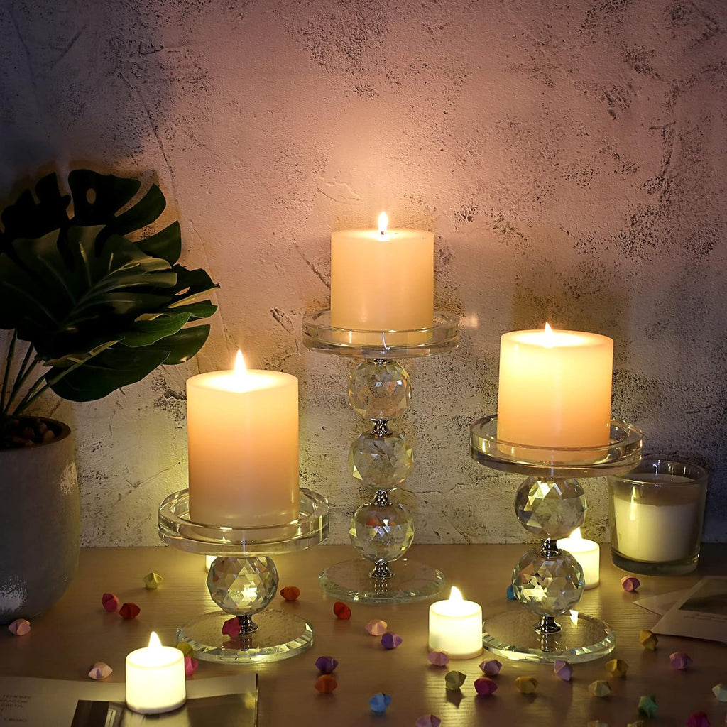 OwnMy Crystal Glass Pillar Candlestick Holders - Set of 3 Modern Tealight Votive Stands for Weddings & Home Decor