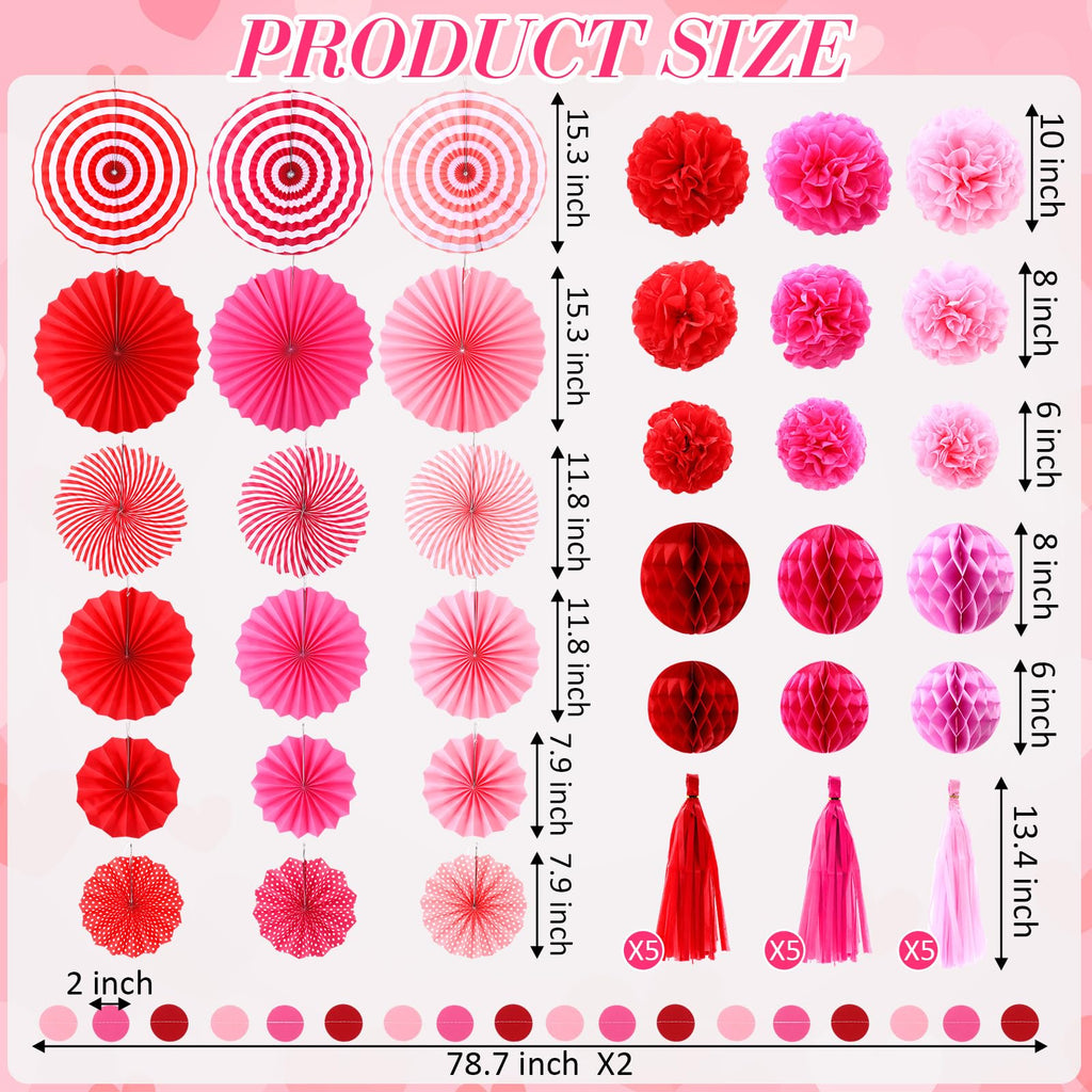 Epakh 50 Pcs Valentine's Day Decorations Paper Fans Valentine's Day Party Decoration Tassel Flowers Hanging Fans Garlands Red Pink Paper Poms Balls Streamer Decor for Wedding Birthday Bridal Shower