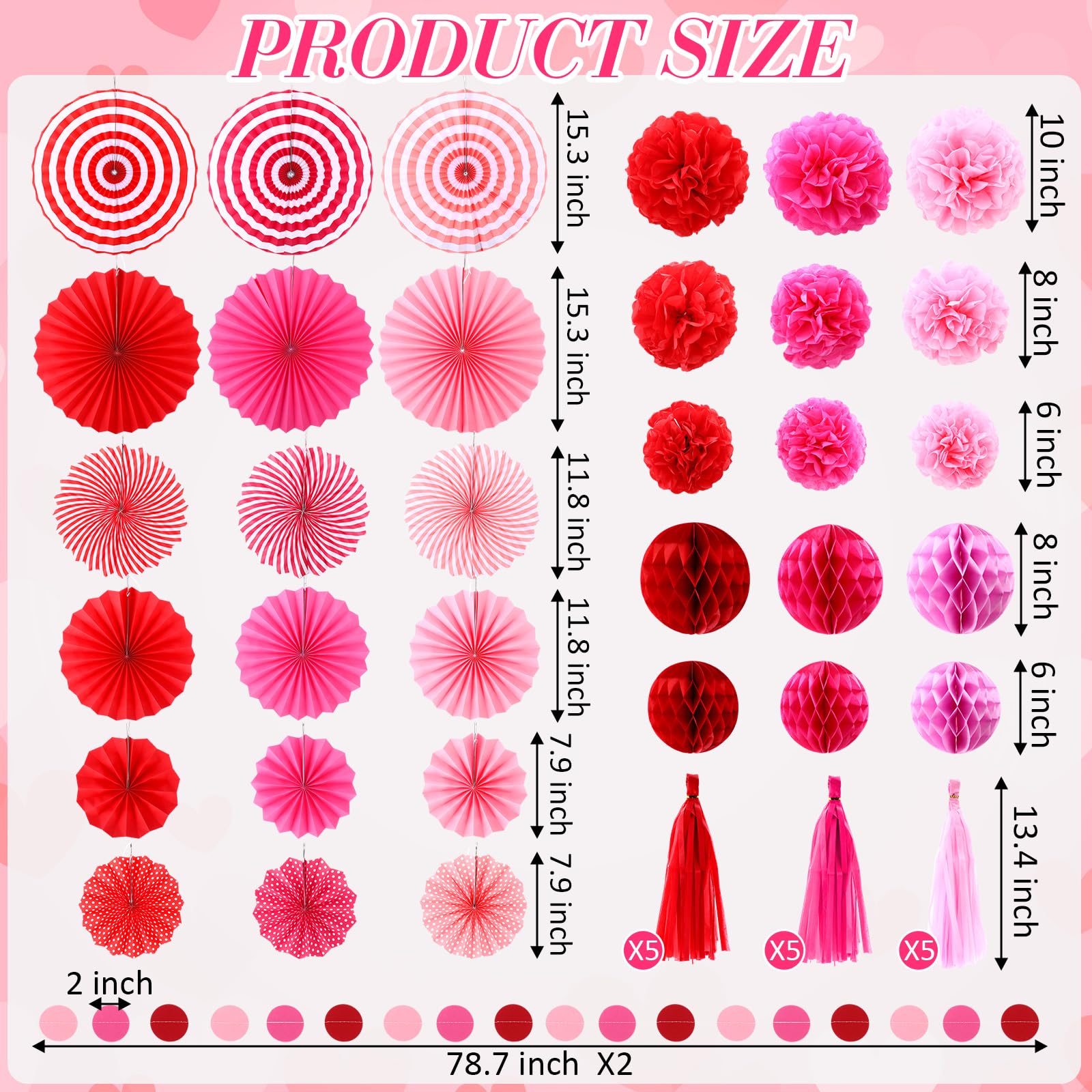 Epakh 50 Pcs Valentine's Day Decorations Paper Fans Valentine's Day Party Decoration Tassel Flowers Hanging Fans Garlands Red Pink Paper Poms Balls Streamer Decor for Wedding Birthday Bridal Shower