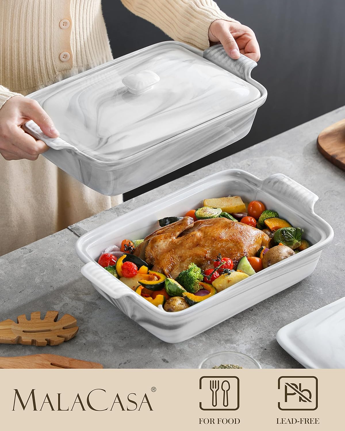 MALACASA Casserole Dish - 3.4 Quart Deep Ceramic Bakeware With Lid | Microwave & Oven Safe, Grey