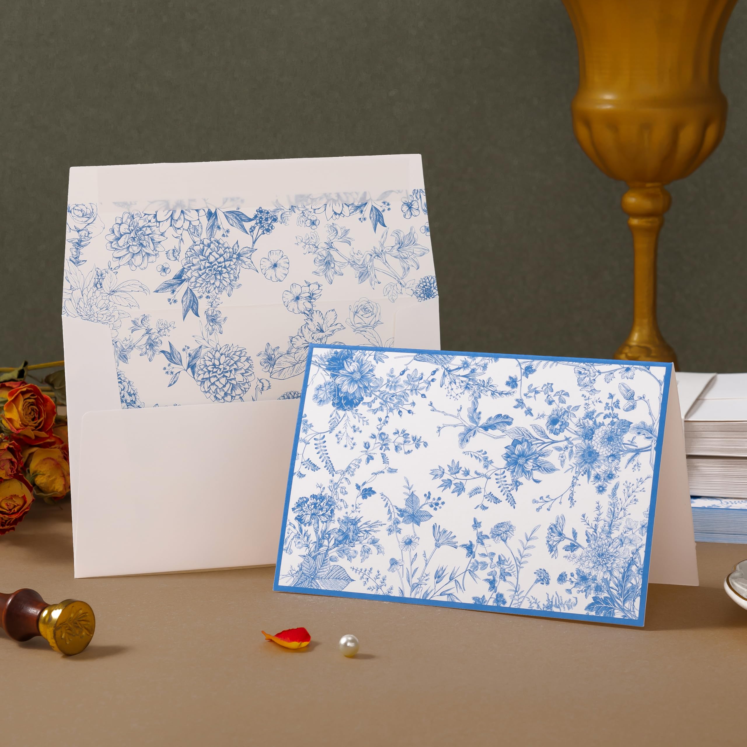 Crisky 50 Pack Blue Floral Blank Note Cards with Envelopes & Stickers, Gold Foil Bridal Shower Thank You Cards Greeting Bulk for Birthday, Baby Shower, Wedding, Graduation