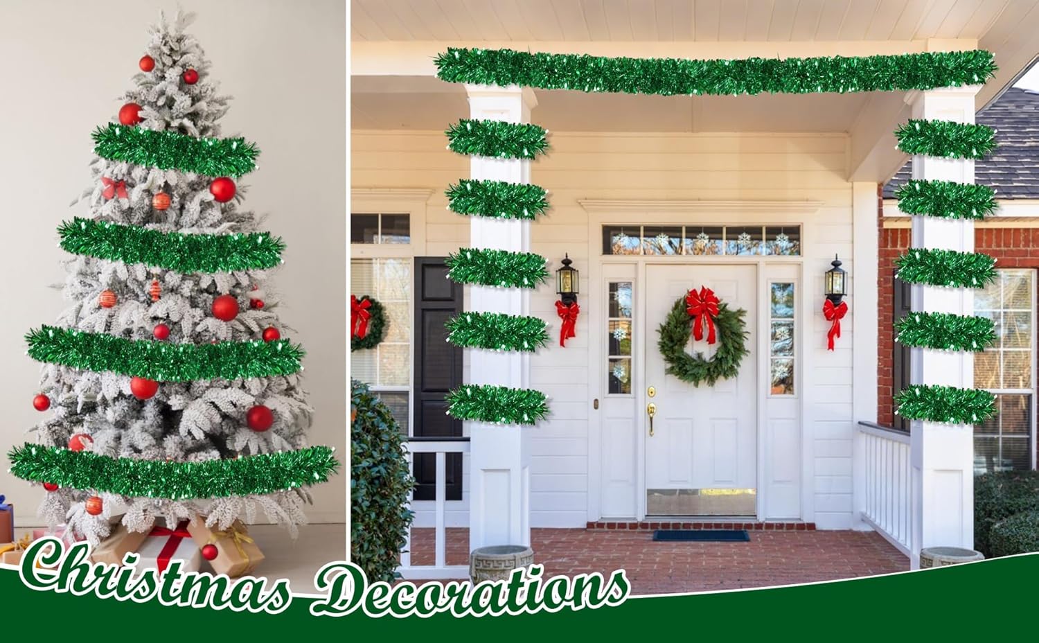 Skiennix 50Ft Green Christmas Garland - Non-Lit Soft Twist Tinsel Decor for Indoor/Outdoor Holiday Use