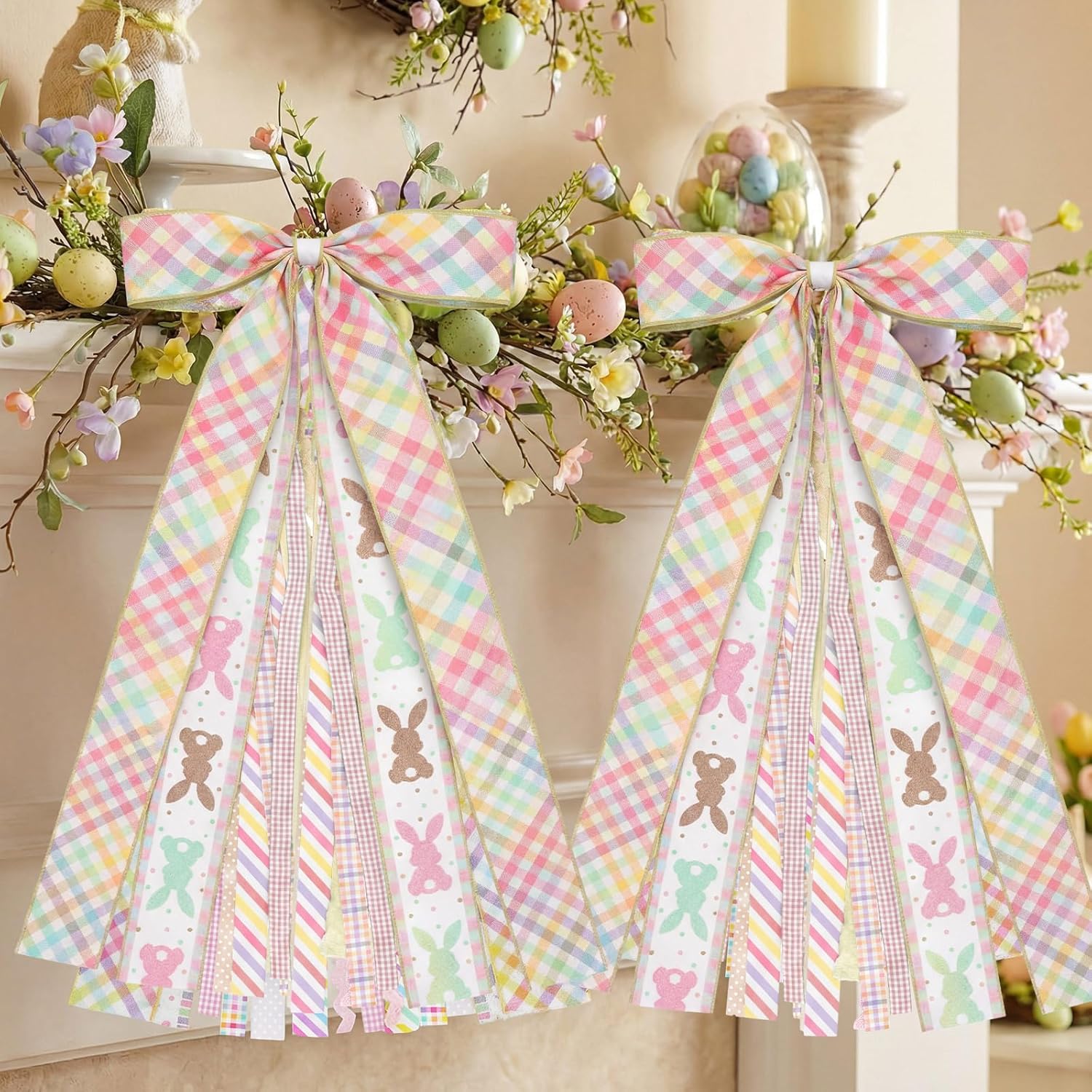 Suncalla Easter Ribbon Bows - Colorful Large Rabbit Decorations for Wreaths & Doors | 2 Pcs Set