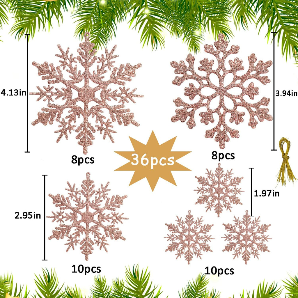 Regine Switzerland 36-Piece Christmas Rose Gold Snowflake Ornaments - Glittery Winter Tree Decor