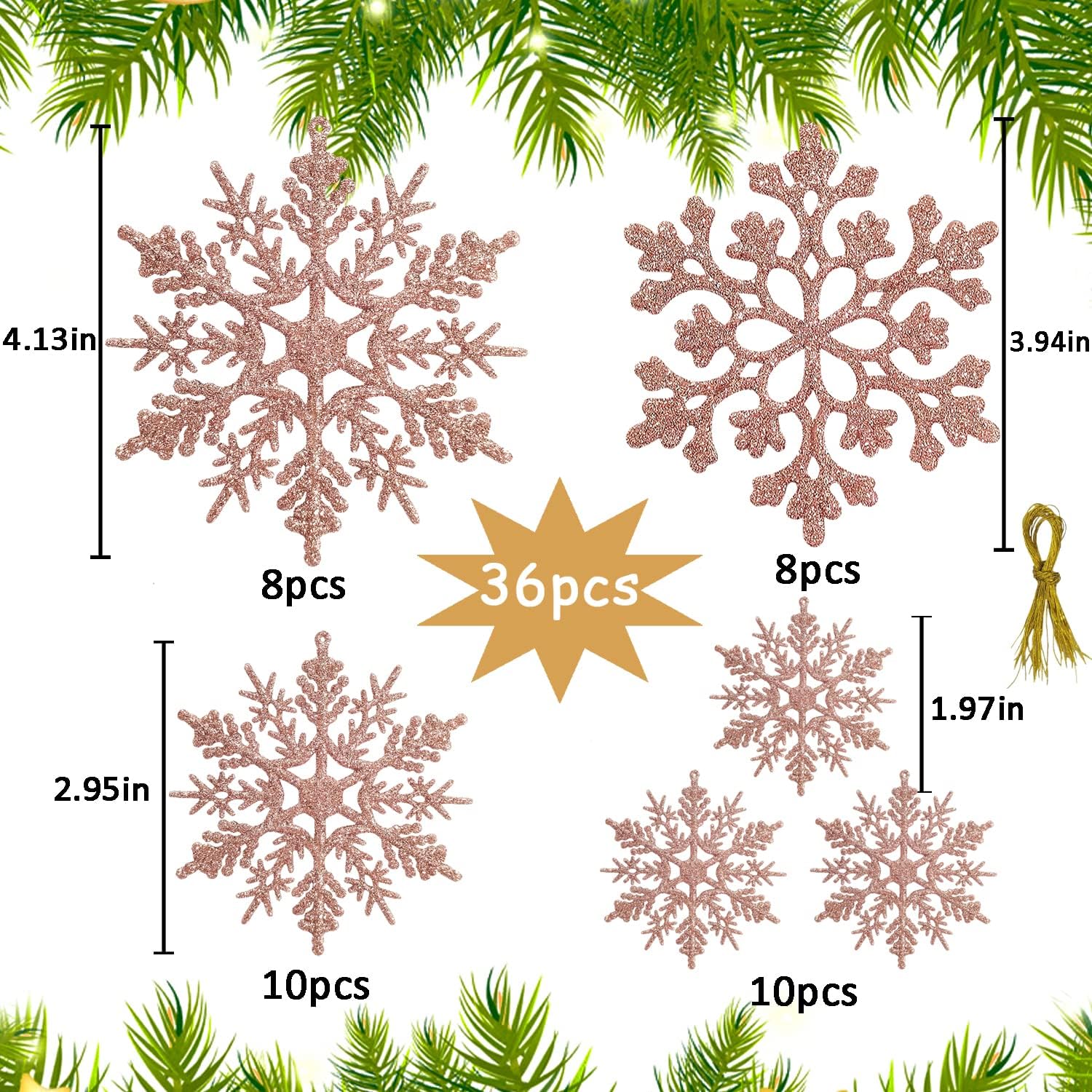 Regine Switzerland 36-Piece Christmas Rose Gold Snowflake Ornaments - Glittery Winter Tree Decor