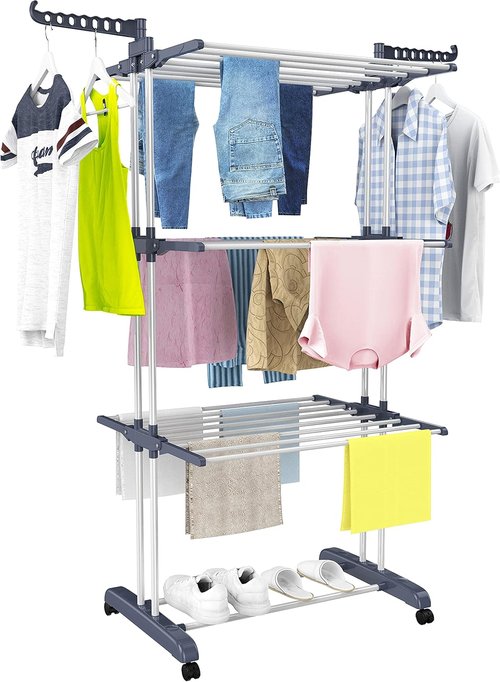 HOMIDEC Oversized 4-Tier Clothes Drying Rack - Foldable Stainless Steel with 24 Poles & 14 Hooks | Grey