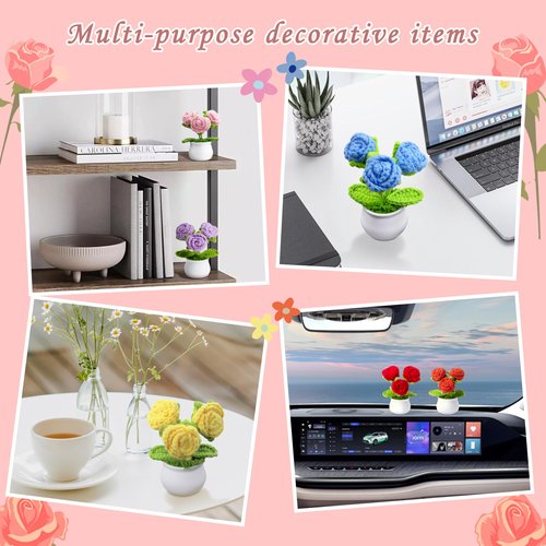 LAIDANLA Crochet Flowers Red Roses Mini Potted, Handmade Red Rose Anniversary Appreciation Birthday Gifts for Women Teacher Lover Mom Friend Knitted Flower for Desk Car Dashboard