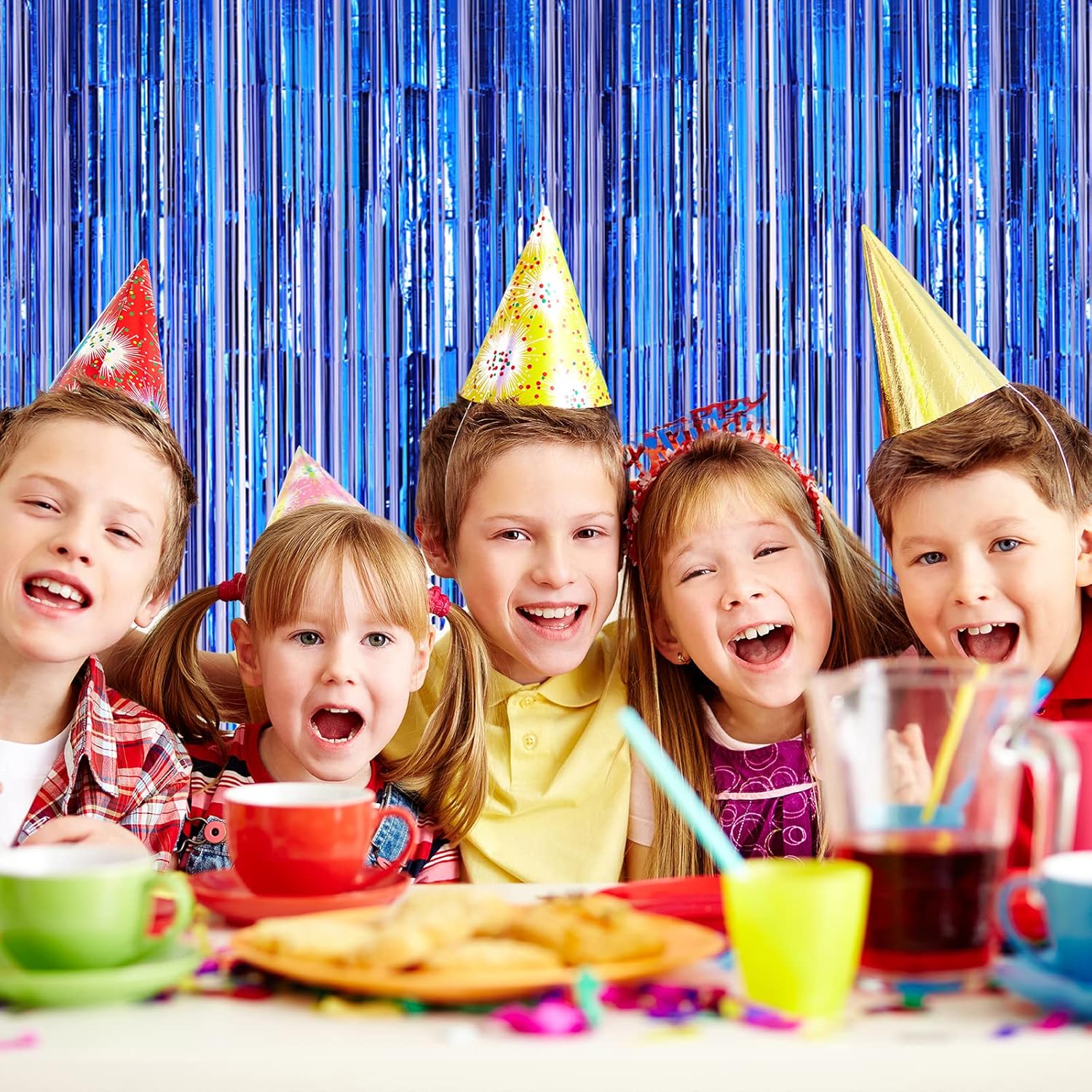 Voircoloria Blue Foil Fringe Backdrop Curtains - 4 Pack Tinsel Streamers for Parties & Events