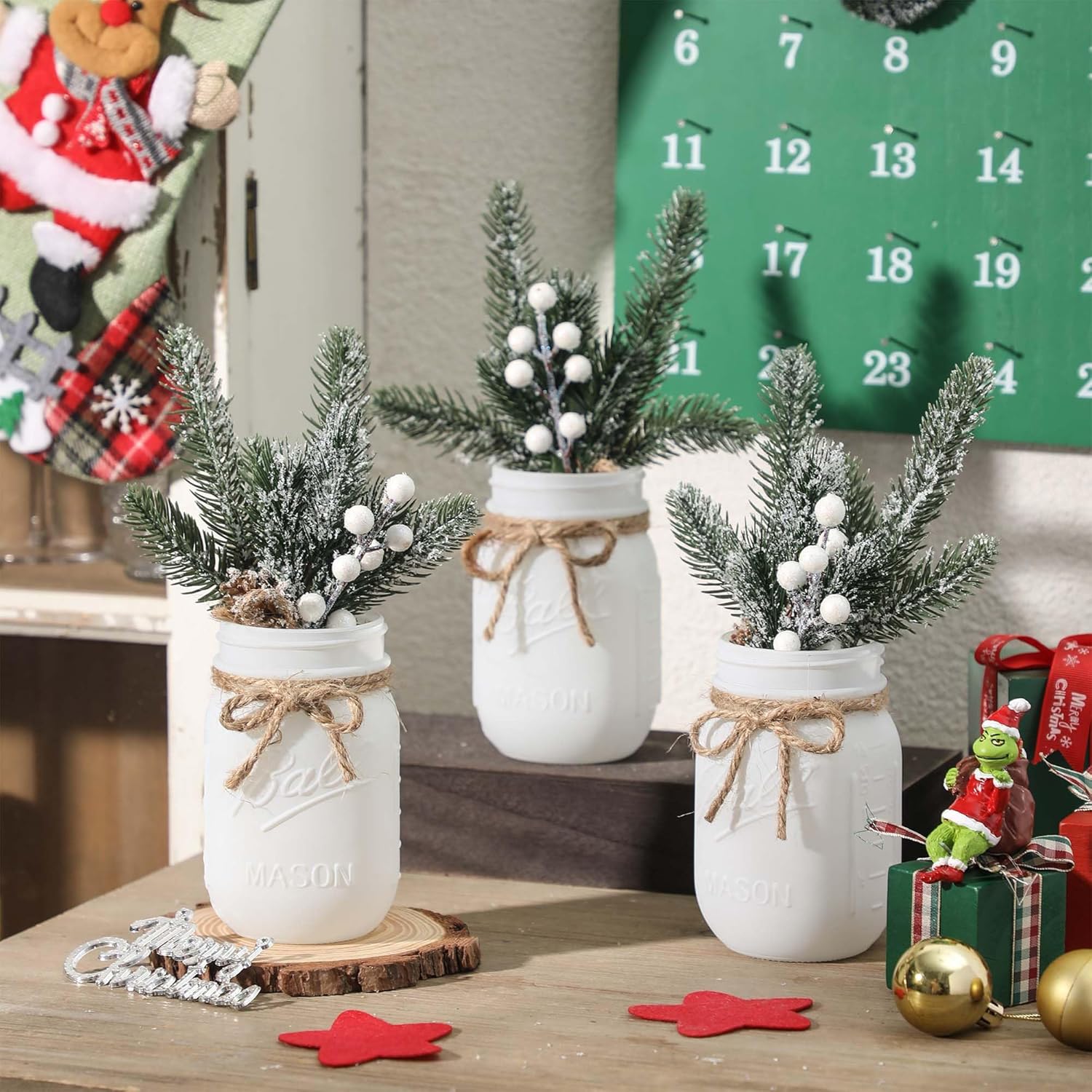 Supreme Lights Christmas Mason Jars - Winter White Decorative Centerpieces for Home Table Decor | Set of 3 with Wood Tray