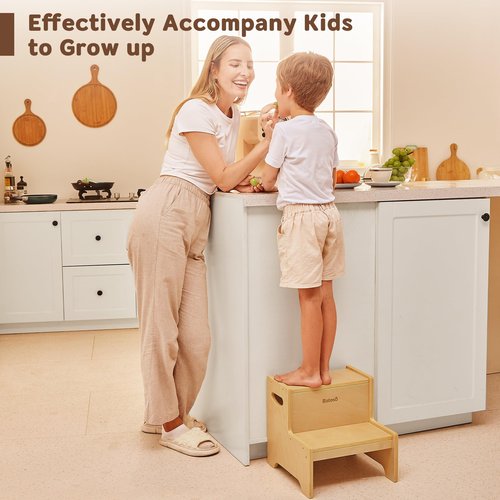 Bateso Step Stool for Kids, Wooden Toddler Step Stool with Non-Slip Mats for Bathroom Sink and Kitchen, Potty Training Stool with Handles for Toilet