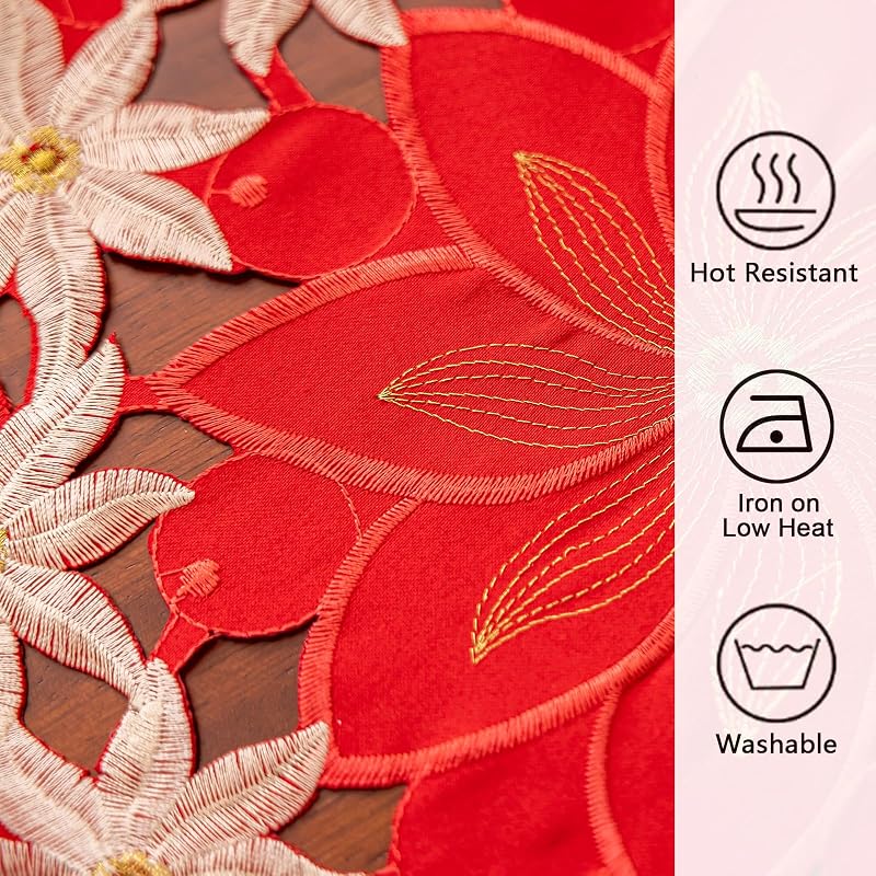 Red Christmas Placemats Set of 4 with Poinsettia Embroidery - 14inch Round, Gold Trim