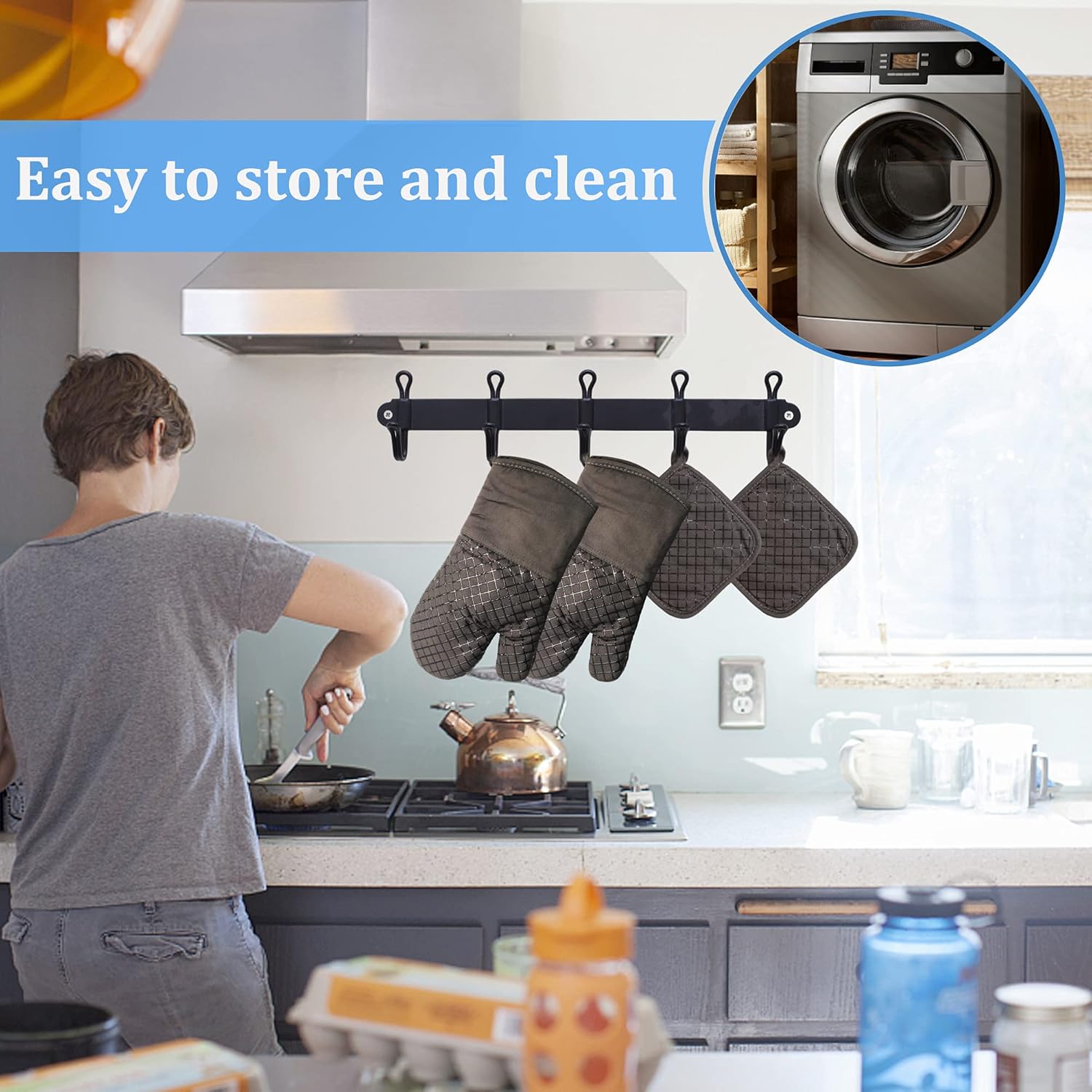Skiennix Oven Mitts Set - 4 Pcs High Heat Resistant Kitchen Mitts & Pot Holders | Grey