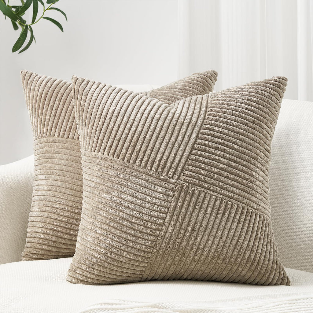 Topfinel Pack of 2 Decorative Throw Pillow Covers 18x18 Inch Soft Corduroy Boho Textured Striped Patchwork Pillow Covers Farmhouse Rustic Home Decor for Spring Sofa Living Room Couch Bed Lightbrown