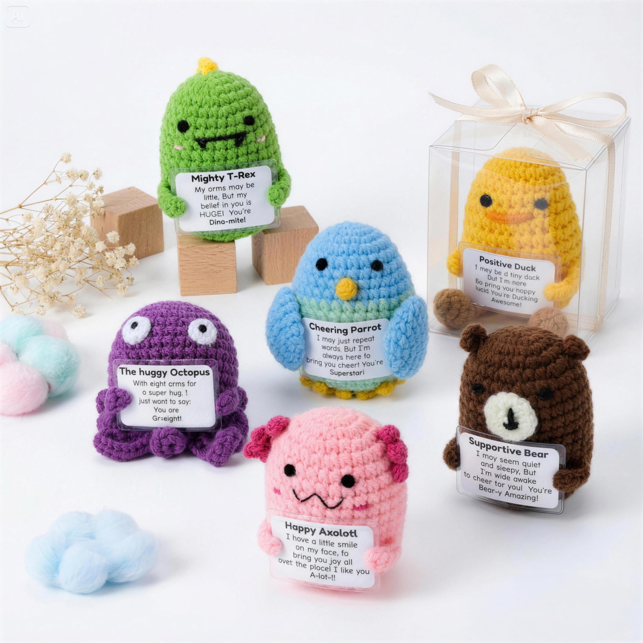 JOYIN 6 Pcs Crochet Positive Animals with Positive Messages, Emotional Support Stuffed Animal Bulk, Cute Crochet Plushies for Graduation Gift, Employee Appreciation, Anxiety Relief & Mental Health