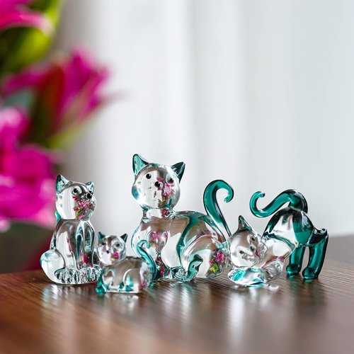 HDCRYSTALGIFTS Blown Glass Cat Figurines - 4-Pack Emerald Green Crystal Kittens for Home Decor & Gifts