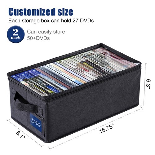 CCidea DVD Storage Box with Clear Window - 15.75" Foldable Media Organizer, Premium Zipper Closure, Holds 27+ DVDs, Dustproof Non-woven Fabric, Reinforced Handles & Label Slot (Black) (2)