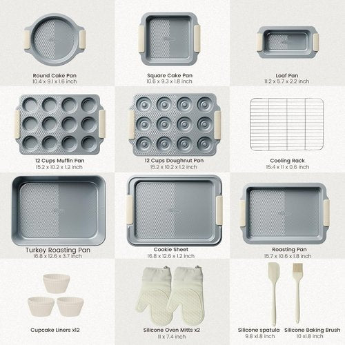 Kikcoin 25 PCS Non-Stick Baking Pans Set - Heavy-Duty Silicone Handle Bakeware | Oven Safe to 450°F, Cream
